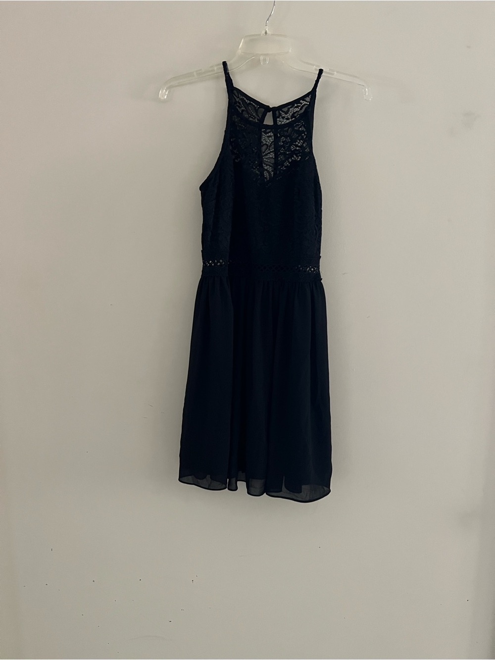 women’s juniors size 7 Black Lace Midi dress high neck flowy bottom lined